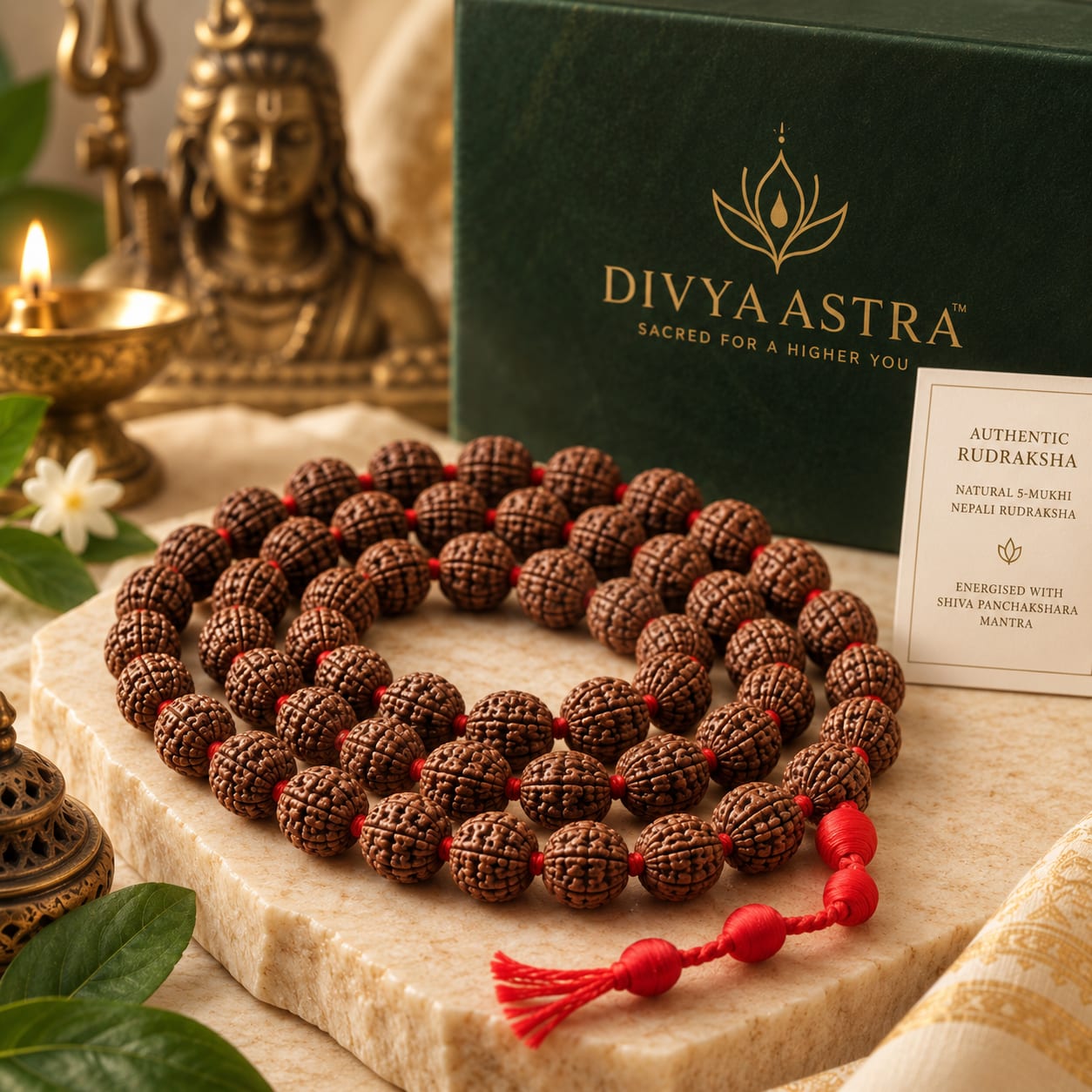 Rudraksha Mala — 108 with Divyaastra packaging and authenticity card